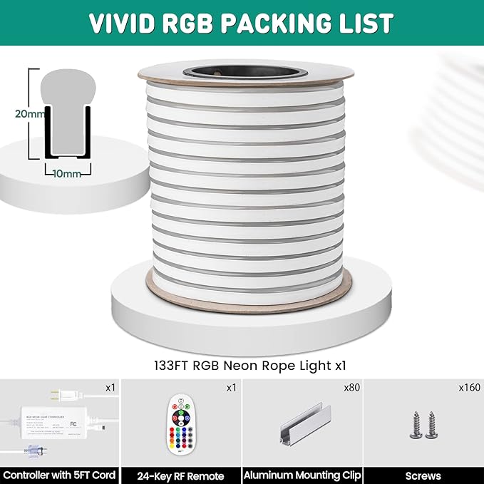 GZBtech RGB LED Neon Rope Lights 133FT/40M, AC 110-120V Waterproof Color Changing LED Rope with Remote Controller, Dimmable Multi Color Neon Rope Lighting for Indoor Outdoor Commercial Use