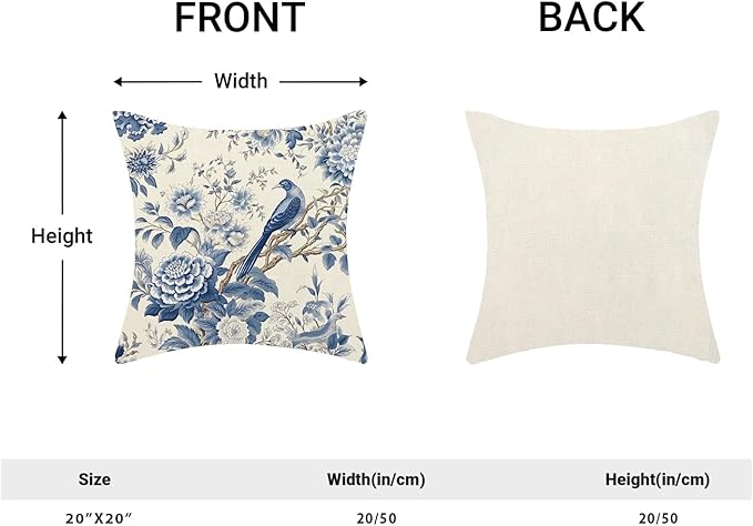 CXMEIFLY Spring Floral Pillow Covers 20 x 20 Inch Set of 2 for Chinoiserie Flowers Bird Decor Throw Pillows Vintage Blue and White Plant Outdoor Decorative Cushion Cases for Couch Bed Decorations