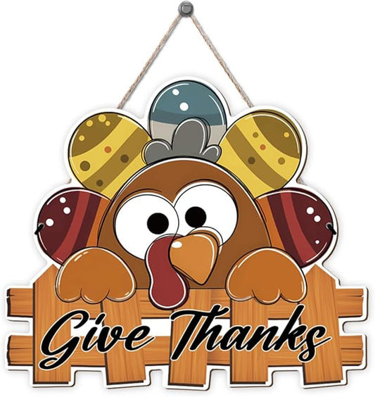 Give Thanks Sign Turkey Front Door Decor Thanksgiving Day Wood Door Hanger, Fall Wooden Thankful Wreath Hanging Decoration for Outdoor Outside Porch, Housewarming Gift