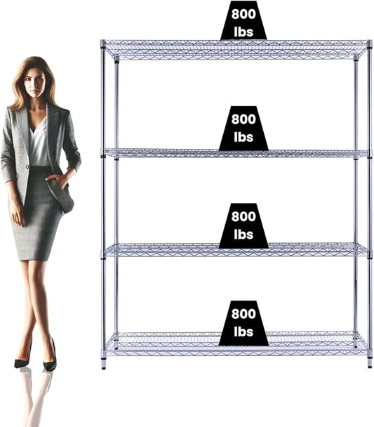 60"x18"x72" Chrome Premium Metal Steel Wire Shelving 4-Tier NSF 3200 LBS MAX Capacity Heavy Duty Storage Rack for Garages, Commercial Spaces, Hospitals, & Schools w/Premium Wheels