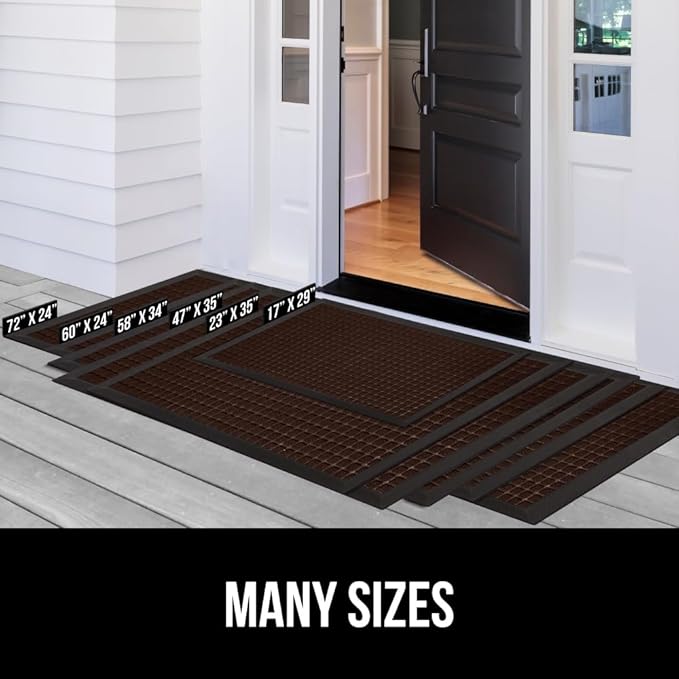 GORILLA GRIP 100% Waterproof All-Season WeatherMax Doormat, 34x58, US Designed Natural Rubber, Stain and Fade Resistant, Low Profile Indoor Outdoor Door Mats, Easy Clean Patio Mat, Coffee Squares