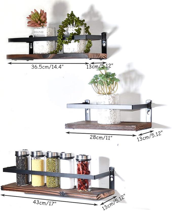 Floating Shelves Rustic Wood Wall Mounted Shelf Practical Metal Fence Design Ideal for Bedroom, Bathroom, Kitchen Set of 3(Brown)