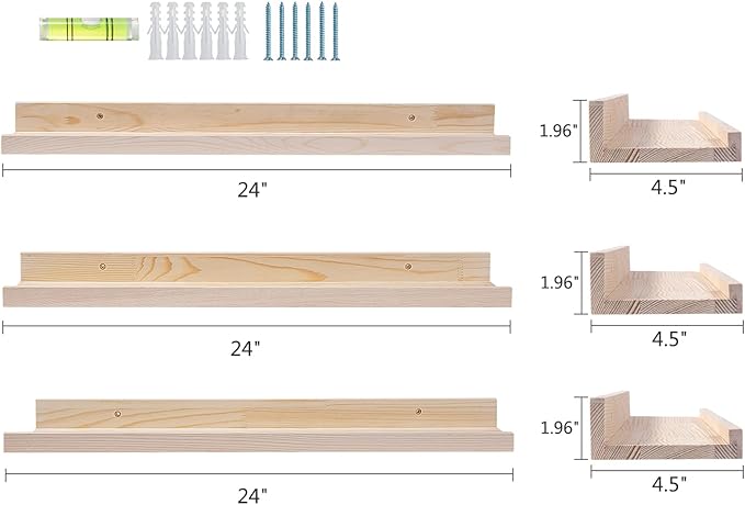 AZSKY Floating Picture Shelves 24 Inch a Set of 3 Wall Mount Long Narrow Photo Ledge Photo Frame Display Shelf Vintage Bookshelf for Nursery Mounting Hardware Included