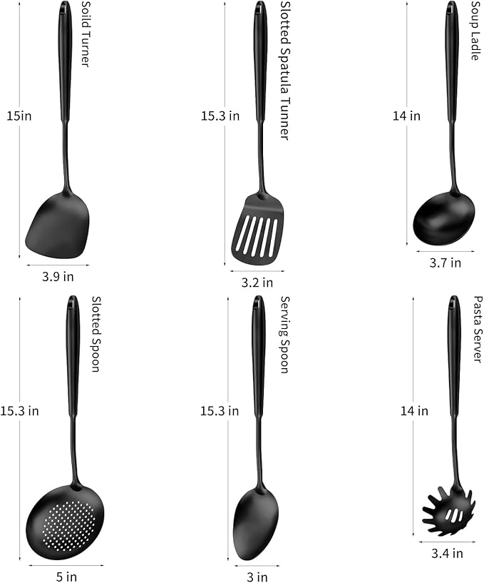 304 Stainless Steel Cooking Utensils,6 Pcs Kitchen Cooking Utensils Set with Spatula, Solid Spoon, Ladle, Skimmer, Spaghetti Spoon,Dishwasher Safe(Black)