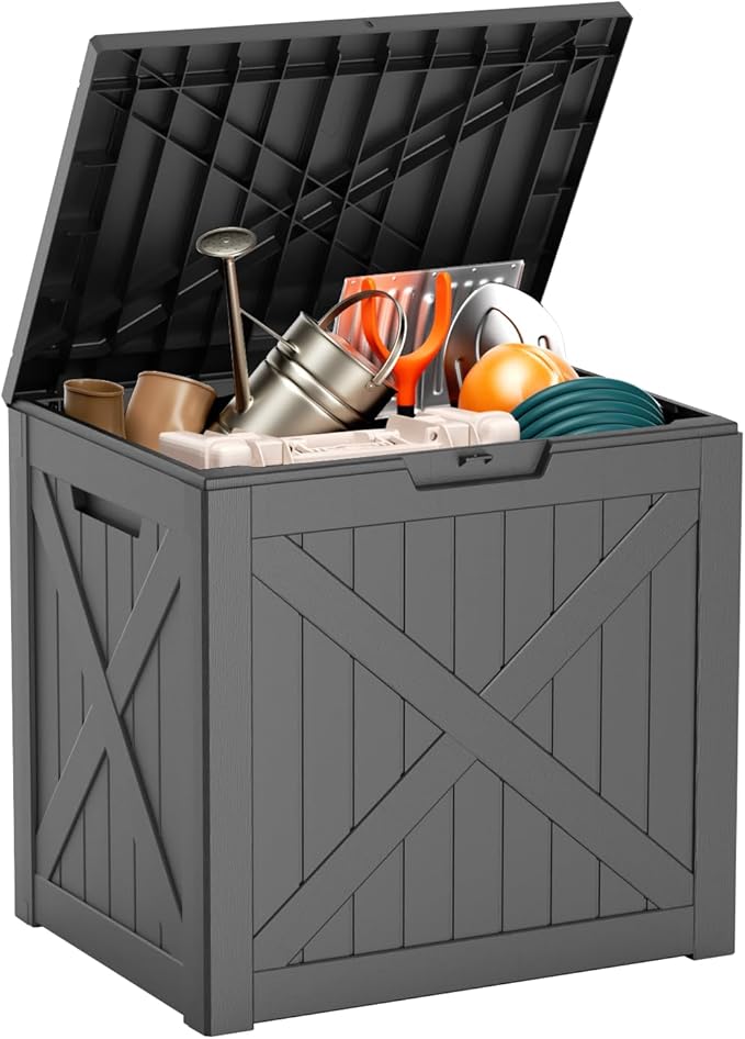32 Gallon Deck Box Large Outdoor Storage for Patio Furniture,Outdoor Cushions,Garden Tools and Pool Supplies,Waterproof,Resin,Lockable(Black)
