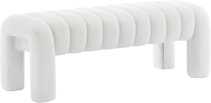 43.3" Bedroom Bench, Upholstered Entryway Bench, Modern End of Bed Ottoman with Solid Wood Legs and Adjustable Foot Pegs for Entryway, Dining Room and Living Room (White Teddy)