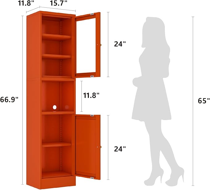 67" Tall Bathroom Storage Cabinet, Narrow Metal Floor Cabinet with Glass Door and Adjustable Shelves, Freestanding Metal Locker for Laundry, Kitchen, Dining Room