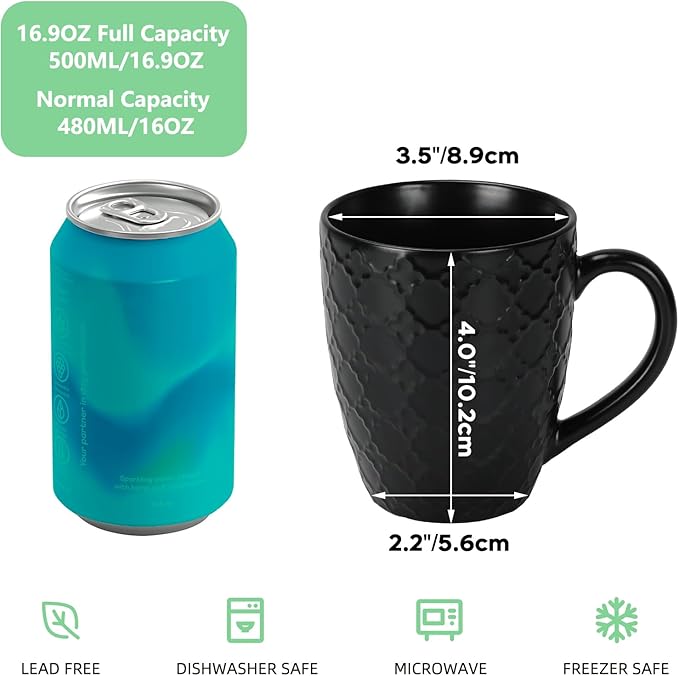 16 OZ Bone Coffee Mugs Set of 6 Matte Black, Large Ceramic Coffee Mugs Set with Different Texture Patterns, Porcelain Cups with Handle for Espresso Latte Tea Milk