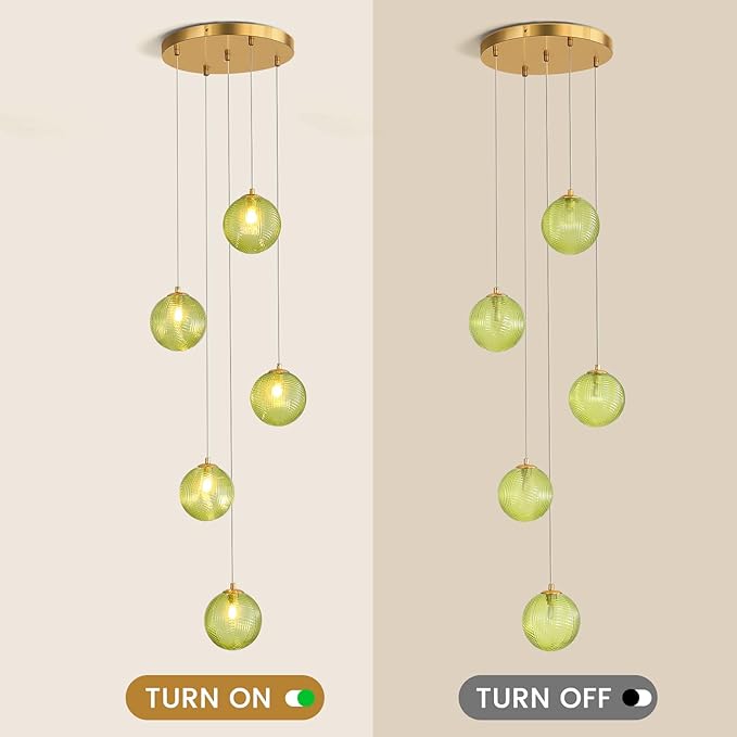 5-Light Chandelier, Globe Green Glass Flush Mount Pendant Light,15W Ceiling Hanging Light for Staircase Foyer Entryway Living Room Hotel Kitchen Island（3000K,G9 Bulbs Include）