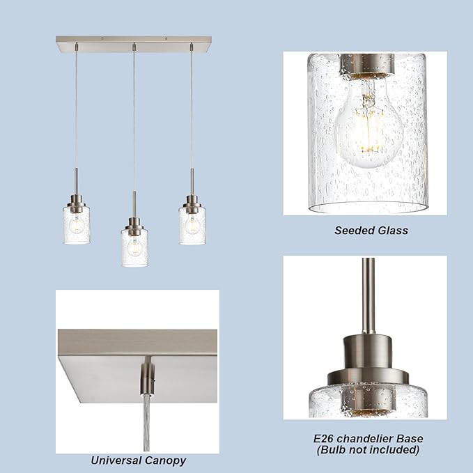 3-Light Farmhouse Chandelier Light Fixture Brushed Nickel Clear Seeded Glass Dining Room Hanging Modern Pendant Lighting Over Table,Traditional Ceiling Lights for Kitchen Island Entryway