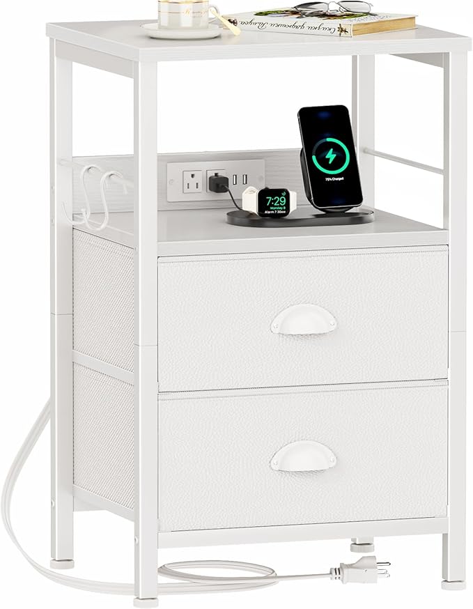 Furologee End Table with Charging Station, Nightstand with Fabric Drawers, Side Tables with USB Ports & Outlets, Night Stand with Storage Shelf & Hooks, for Living Room/Bedroom, White