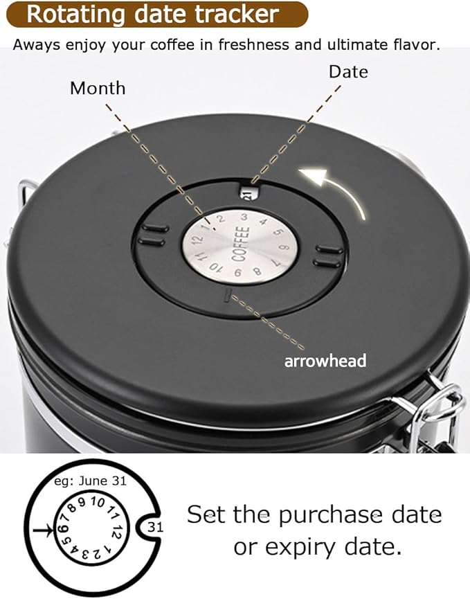 Coffee Canister Airtight Storage Container 1.8L Stainless Steel Air Tight Coffee Jar with Scoop, Date Tracker CO2 Release Valve for Dry Food, Beans, Ground, Tea, Flour, Cereal and Sugar (Silver)