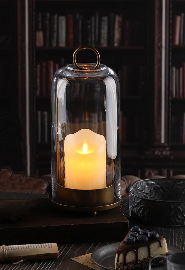 12" High Versatile Modern Metal Hurricane Lantern with Handmade Sturdy Glass Dome for 3" Pillar Candle & Plants (Brass, 5"x12")