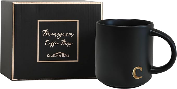 COLLECTIVE HOME - Black Monogram Ceramic Mugs, 15 oz Golden Initial Coffee Cups, Elegant Alphabet Tea Mugs, Personalized Halloween Mug with Gift Box, Perfect for Office and Home Décor (c)