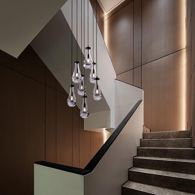 7 Light Raindrop Chandeliers, Bronze Teardrop Cluster Pendant Lights Kitchen Island, Black Dining Room Chandelier Over Table Hanging Pendant Lighting for High Ceiling, Entryway Staircase