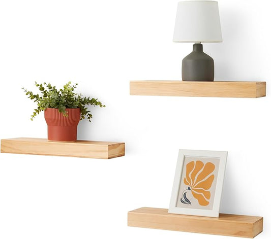 Amazon Basics Wood Floating Wall Shelves, Pack of 3, Pine, 15.8" x 5" x 1.8"