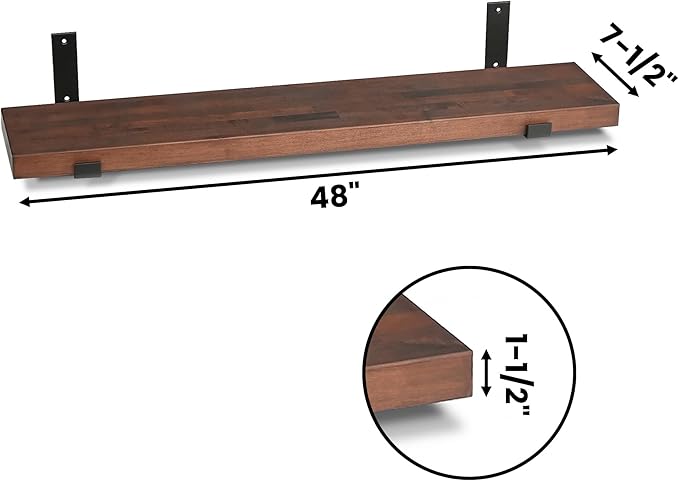 CONSDAN Floating Shelves for Wall Mounted Book Shelf Hanging Shelves Floating Bookshelf for Bedroom, Bathroom, Living Room, Kitchen USA Grown Solid Hardwood, Dark Maple 48x7.5x1.5 in (Set of 3)