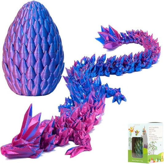 3D Printed 12” Articulated Crystal Dragon Inside 5.1” Egg – Fantasy Collectible, Fidget Toy & Stocking Easter Basket Stuffers for Home & Office Decor (Laser Purple)