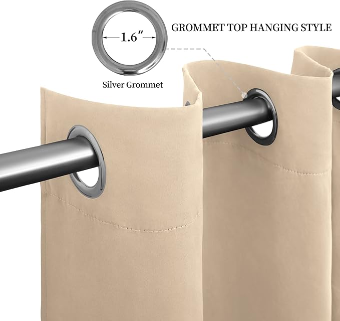 Easy-Going Blackout Curtains for Bedroom, Solid Thermal Insulated Grommet and Noise Reduction Window Drapes, Room Darkening Curtains for Living Room, 2 Panels (52x96 in,Beige)