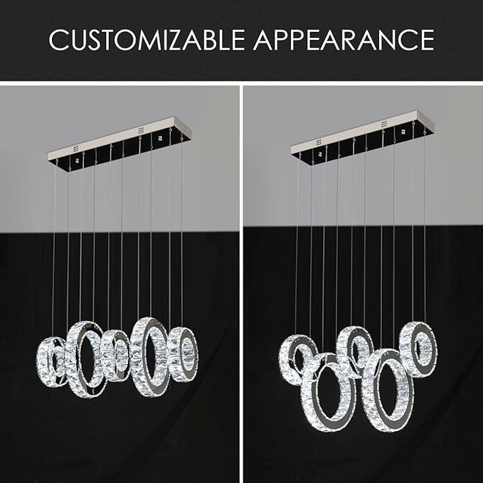 Buccleuch Modern Crystal Chandelier, Dimmable LED Ceiling Light Fixture 5-Ring Adjustable Stainless Steel Pendant Light, Silver Crystal Chandeliers for Dining Room, Bedroom, Living Room - Cool White