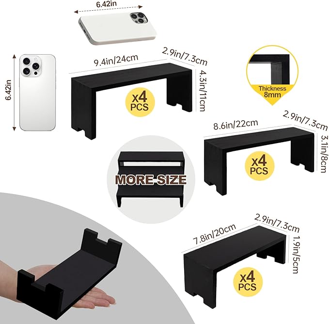 Display Wood Risers Wooden Stand 3 Tier 4 Set 12 Pieces Wood Racks Decorative Rectangular, Cupcake Stands Cologne Perfume Organizer Showcase Items(New Black)