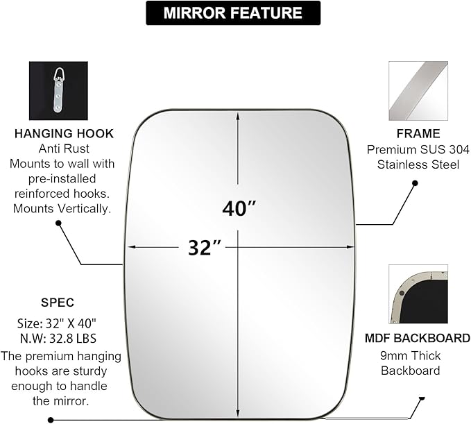 ANDY STAR Brushed Nickel Oblong Mirror, 32x40 Inch Brushed Nickel Oval Mirror for Bathroom with Stainless Steel Metal Frame, Wall Mouned for Bathroom, Living Room, Entryway
