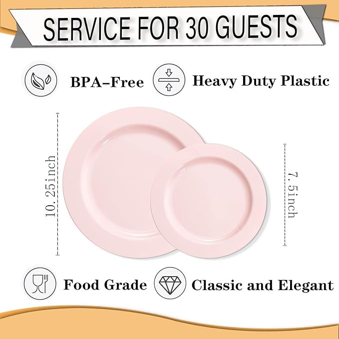 FLOWERCAT 60PCS Pink Plastic Plates - Heavy Duty Pink Plates Disposable for Party/Mother's Day/Wedding - serving 30 guests Include 30PCS 10.25inch & 30PCS 7.5inch