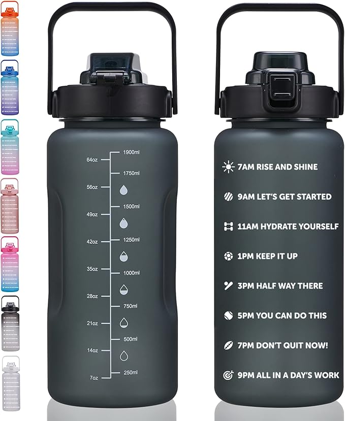64oz,100oz,128oz Large Motivational Water Bottle with Time Marker, Leakproof & BPA Free Half Gallon Big Water Bottle with Straw Handle Tritan Frosted Water Jug for Gym,Fitness,Outdoor Sports