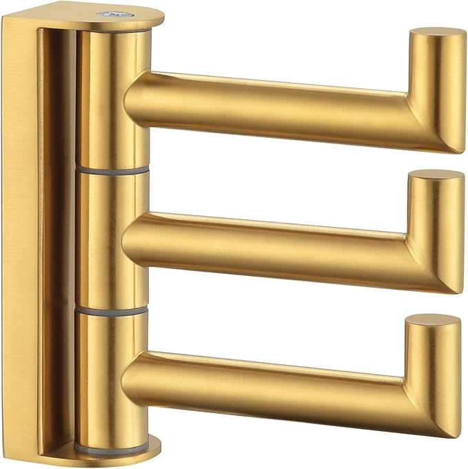 Angle Simple 3 Arms Towel Hook Brushed Gold, 304 Stainless Steel Swivel Triple Towel Holder, Folding Bathroom Hook, Wall Mount