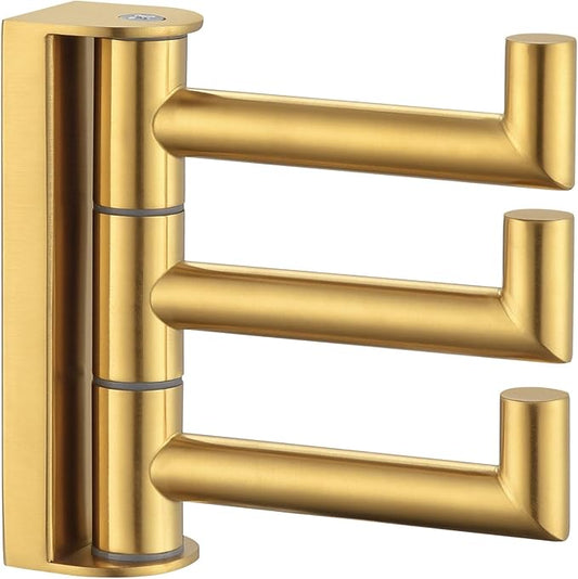 Angle Simple 3 Arms Towel Hook Brushed Gold, 304 Stainless Steel Swivel Triple Towel Holder, Folding Bathroom Hook, Wall Mount