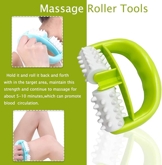 Cellulite Massage, Manual Roller Massage with Two-Wheel Massage Handle,Relax Muscles to Relieve Stress,Increases Blood Circulation,Apply to Arm/Shoulder/Leg/Back/Buttocks/Abdomen(Green)