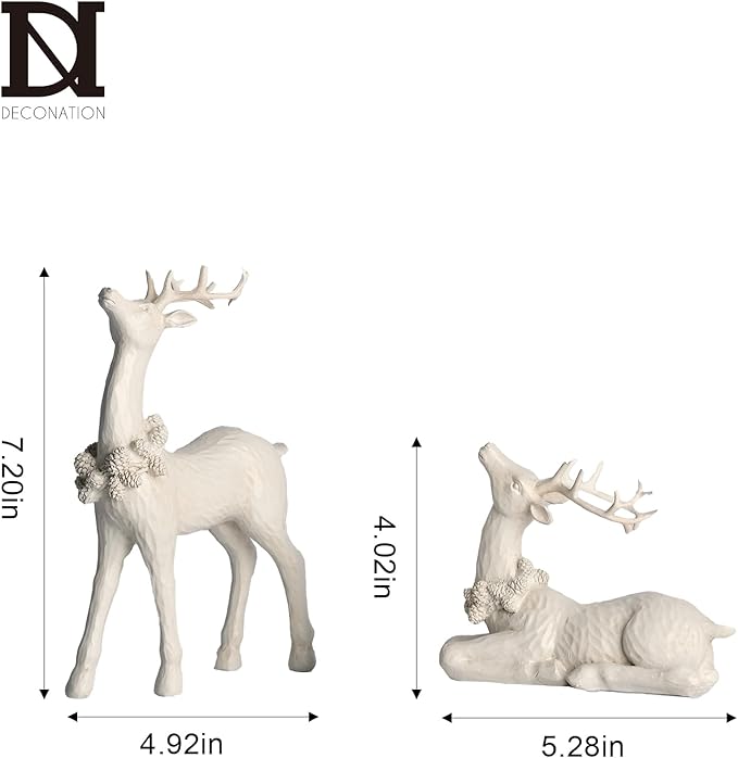 DN DECONATION 2pcs White Christmas Reindeer Statue, Indoor Reindeer Decor, Tabletop Resin Deer Figurine