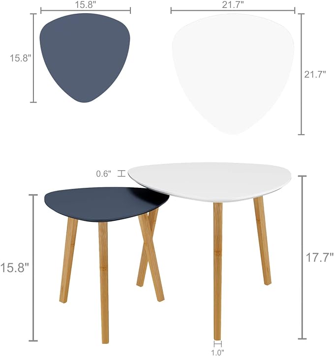 BAMEOS Bamboo Nesting Triangle End Table,Set of 2 Coffee Table Modern Minimalist Side Table for Living Room, Balcony in White & Grey