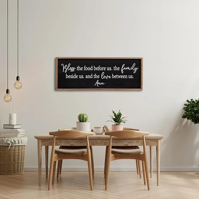 Bless the Food Before Us Sign Wall Decor 40"X15" Large Farmhouse Dining Room Wall Decor Framed Wood Rustic Home Wall Art Kitchen Decoration (Wood Black)