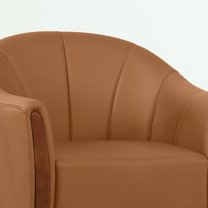 360° Swivel Accent Chair, Modern Leather Barrel Club Chair with Leather Upholstery and Sturdy Wood Base, Comfortable Armchair for Living Room, Bedroom, Reading Nook, Brown