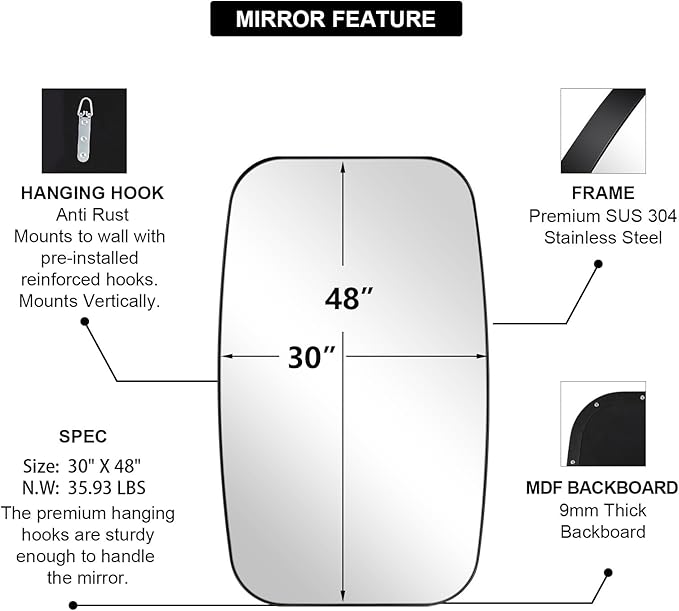 ANDY STAR Oval Mirrors for Bathroom, 30x48’’ Black Oval Mirror for Bathroom, Oblong Mirrors with Black Metal Frame Pill Shaped Mirror Wall Mounted Horizontal or Vertical