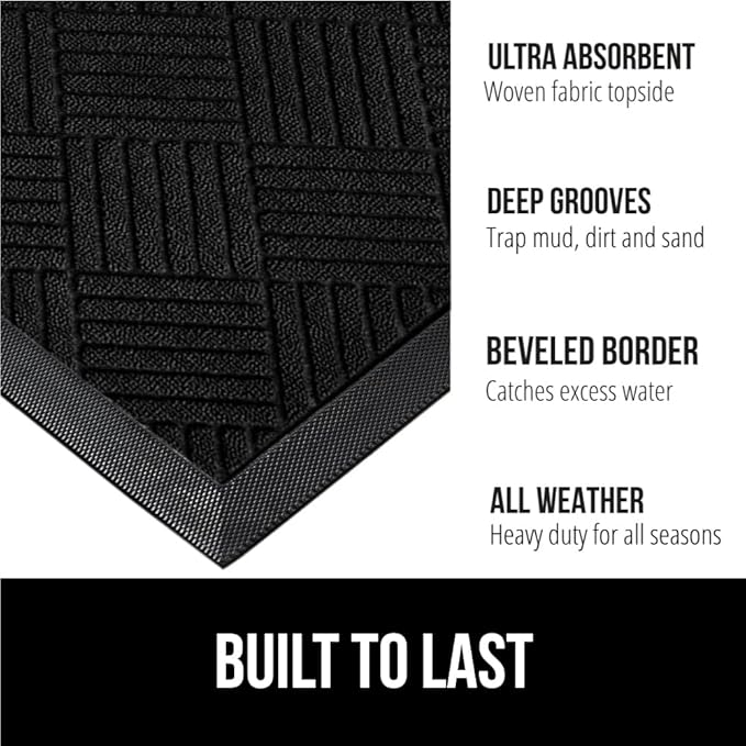 GORILLA GRIP 100% Waterproof All-Season WeatherMax Doormat US Designed Natural Rubber, Stain and Fade Resistant, Low Profile Indoor Outdoor Door Mats, Easy Clean Patio Mat, 17x29, Black Diamond