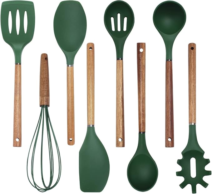 Country Kitchen Non Stick Silicone Utensil Set with Rounded Wood Handles for Cooking and Baking, 8 Piece Set, Green