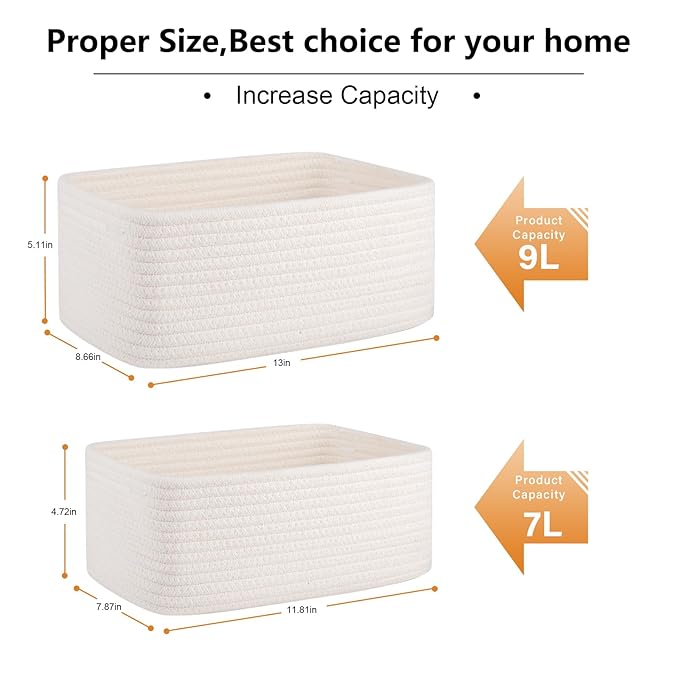 4 Pack Small Storage Shelf Baskets for Organizing, Mini Woven Rope Storage Bins for Towels, Cute Decorative Closet Organizer，Baby Nursery, Gift Empty Baskets -13''Lx8.66''Wx5.11''H-White