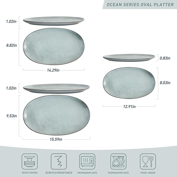 famiware Serving Platter, Oval 15.59/14.3/12.9inch Serving Dishes for Entertaining, Serving Bowls, Reactive Glaze, Stoneware Serving Trays for Party, Food, Turkey, Cheese, Ocean Series, Grey