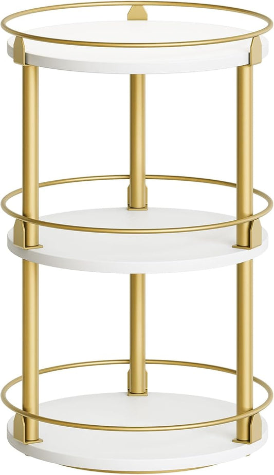 3-Tier Lazy Susan, Rotating Spice Rack, Spinning Organizer, Industrial Turntable Spice Rack for Cabinet, Kitchen Countertop, Pantry, White and Gold SR23DW