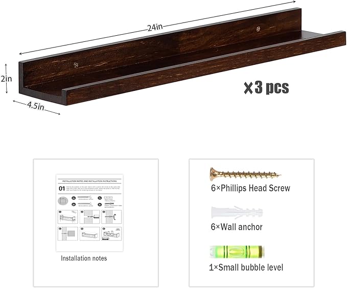 AZSKY Walnut Floating Shelves 24 Inch Picture Ledge Shelf for Wall Photo Shelves with Lip for Pictures Nursery Room Bookshelf Wood Wall Shelves Set of 3 for Bedroom Living Room Bathroom Kitchen