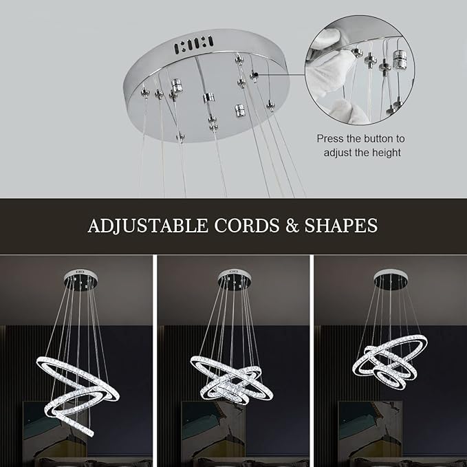 Buccleuch Modern Crystal Chandelier, Dimmable LED Pendant Light Fixture 3-Ring Adjustable Stainless Steel Ceiling Light, Silver Crystal Chandeliers for Dining Room, Bedroom, Living Room - ETL Listed