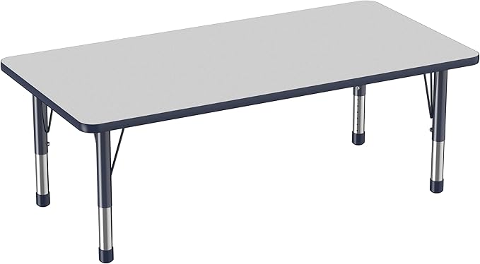 FDP Rectangle Activity School and Classroom Kids Table (30 x 60 inch), Toddler Legs, Adjustable Height 15-24 inches - Gray Top and Navy Edge