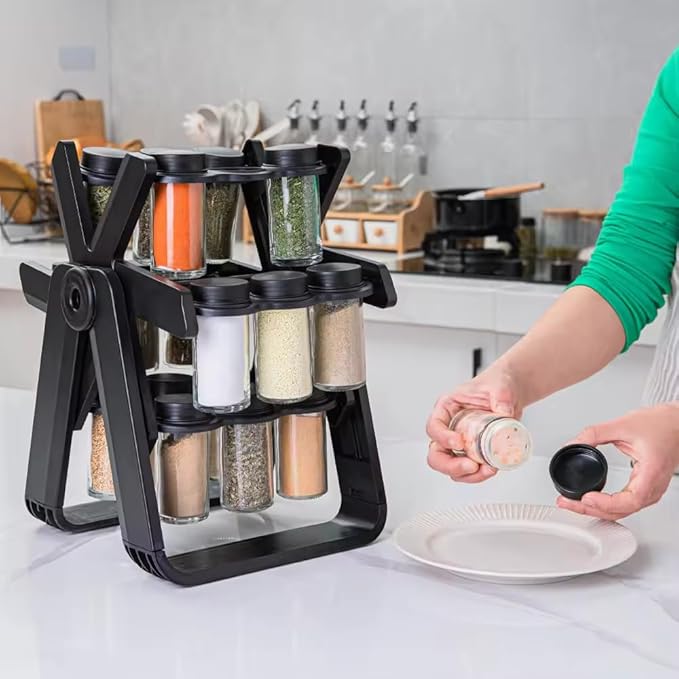 A&K's Rotating Spice Rack Organizer, 18 Glass Jars, 360-Degree Turntable, Black, Comes with Spice Label Stickers, Funnel, and Water Pen. Best for Kitchen Organization, Countertop, Pantry, and Cabinet.