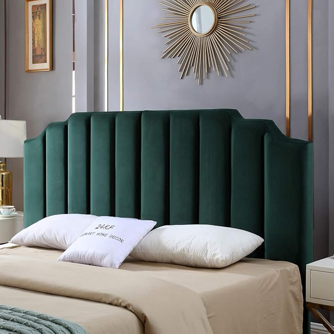 24KF Jade Velvet Tufted King Upholstered Headboard, Modern Vertical Channel Design California King Headboard with Stepped Silhouette Top Edge,Jade
