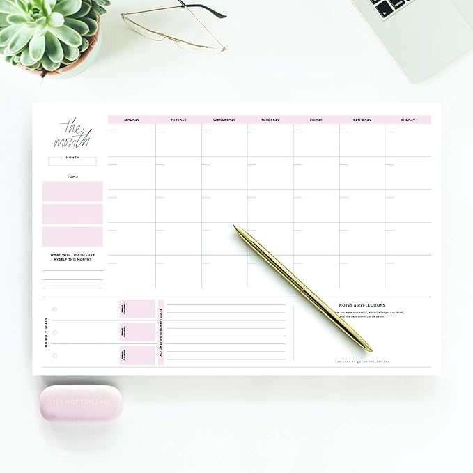 Bliss Collections Monthly Planning Pad, To Do List Notebook - Undated Tear-Off Sheets Notepad - Work Calendar, Organizer, Scheduler for Goals, Tasks - Simple (Pink), 12" x 18", 18 Sheets