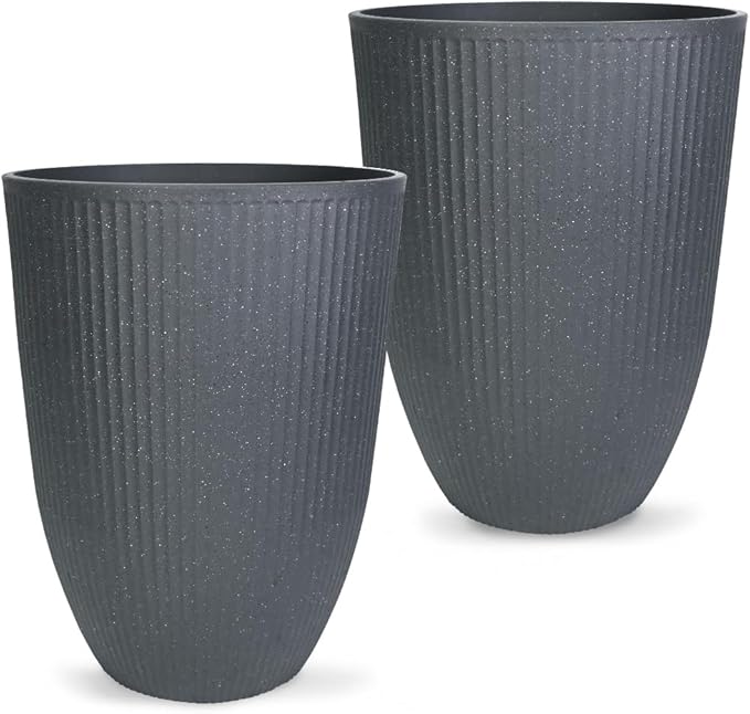2 Pcs Pack 15 Inches Heavy Duty Plastic Resin Tall Tapered Planter Pots Large Round Planter Flower Pot with Drainage Hole for Indoor Outdoor Deck Porch Garden Home Patio Front Door (Dark grey, S)