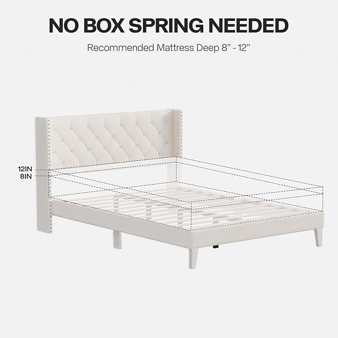 Full Size Bed Frame with Wingback Headboard, Upholstered Platform Bed Frame with Diamond Tufted Headboard & Lights, Wood Slat, Easy Assembly, Noise-Free, No Box Spring Needed, Beige