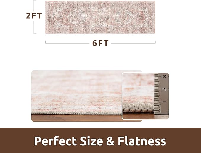 AMOAMI-2X6 Runner Rug-Washable Runners for Hallways-Soft Non Slip Bedside Rugs for Bedroom-Vintage Long Rug for Hallways Entryway Laundry Room Stair Kitchen Bathroom Pink